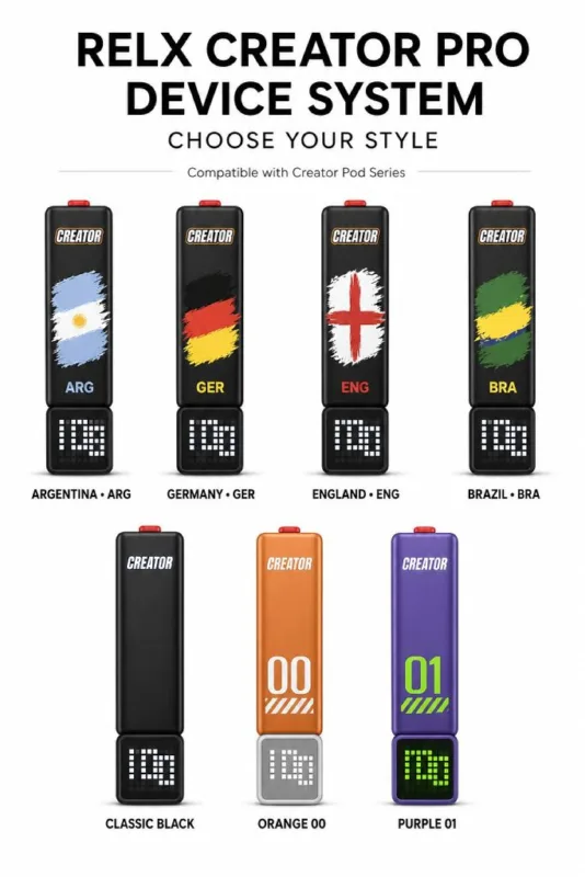 RELX Creator Pro Device styles - Argentina, Germany, England, Brazil, Classic Black, Orange 00, Purple 01