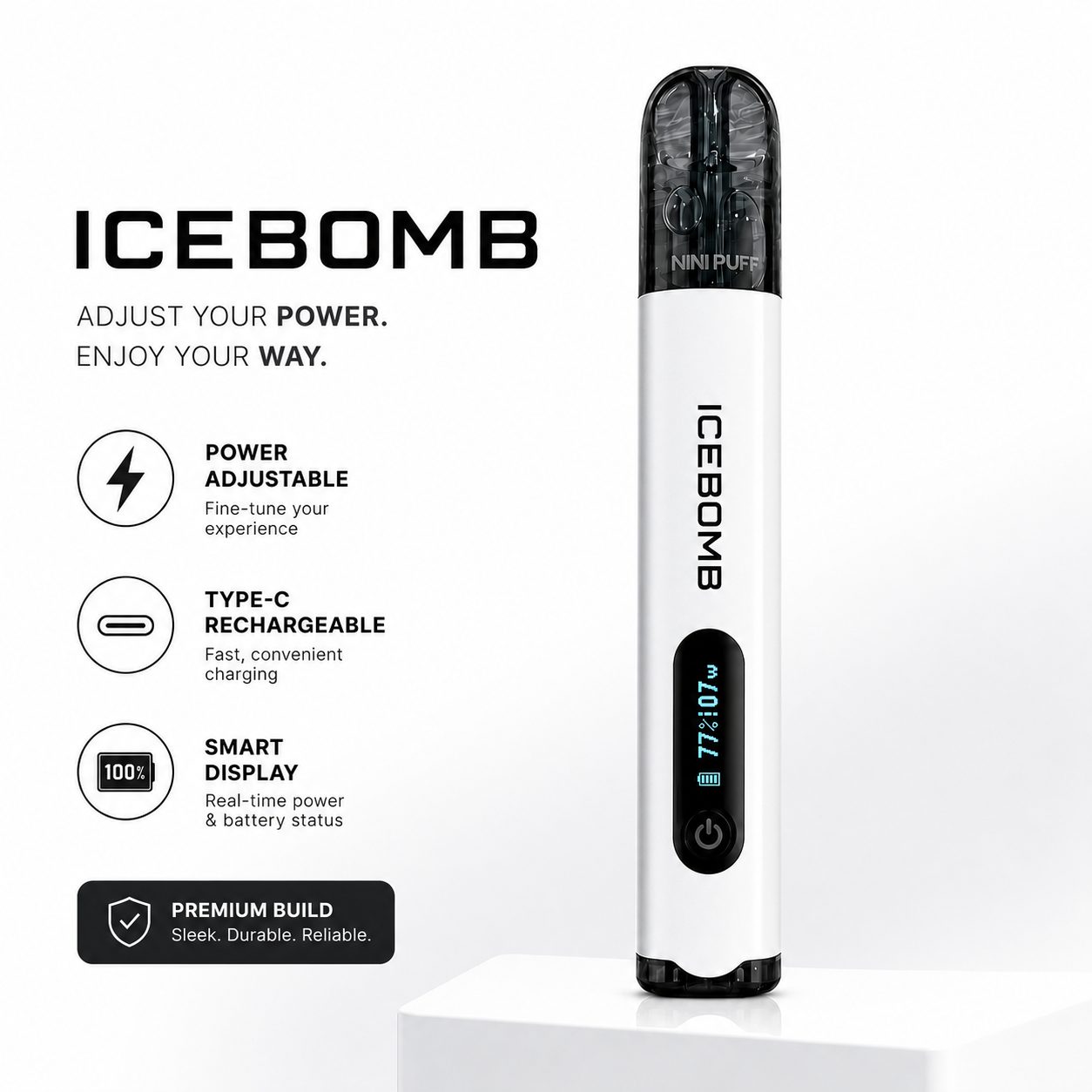 ICE BOMB Pod Vape Kit – Variable 6-10W Device + ICEBOOM Mini Puff Pods (2.5mL, 27 Flavors) - Image 8