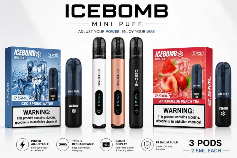 ICE BOMB Pod Vape Kit – Variable 6-10W Device + ICEBOOM Mini Puff Pods (2.5mL, 27 Flavors)
