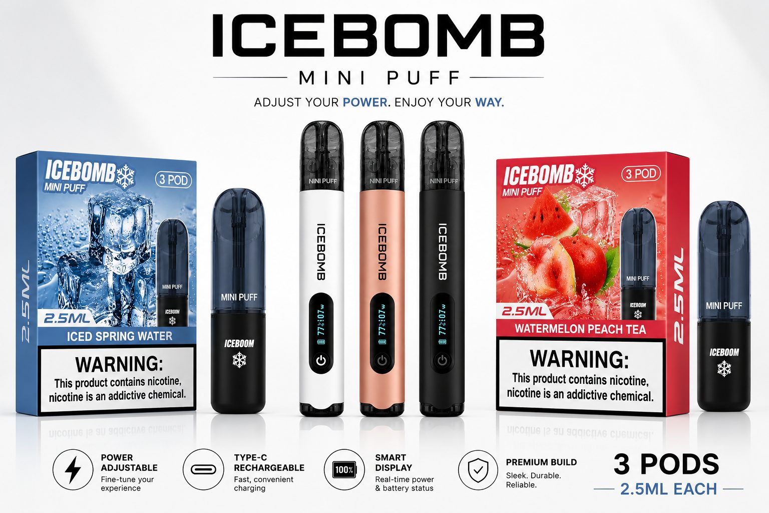 ICE BOMB Pod Vape Kit – Variable 6-10W Device + ICEBOOM Mini Puff Pods (2.5mL, 27 Flavors)