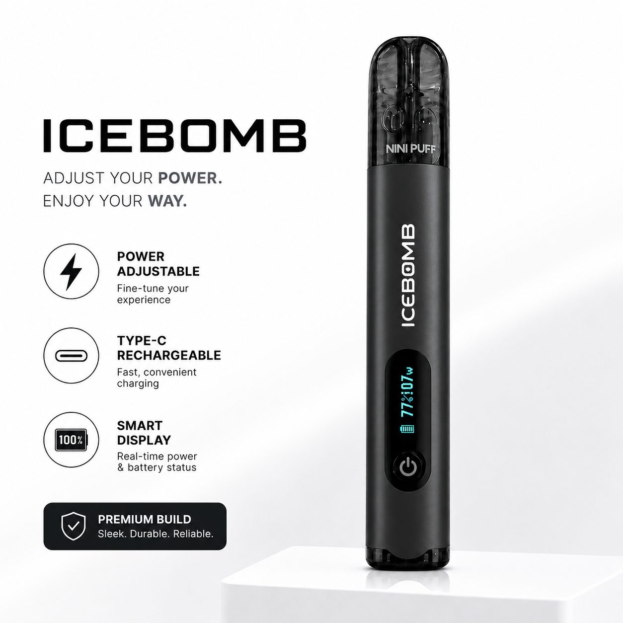 ICE BOMB Pod Vape Kit – Variable 6-10W Device + ICEBOOM Mini Puff Pods (2.5mL, 27 Flavors) - Image 10