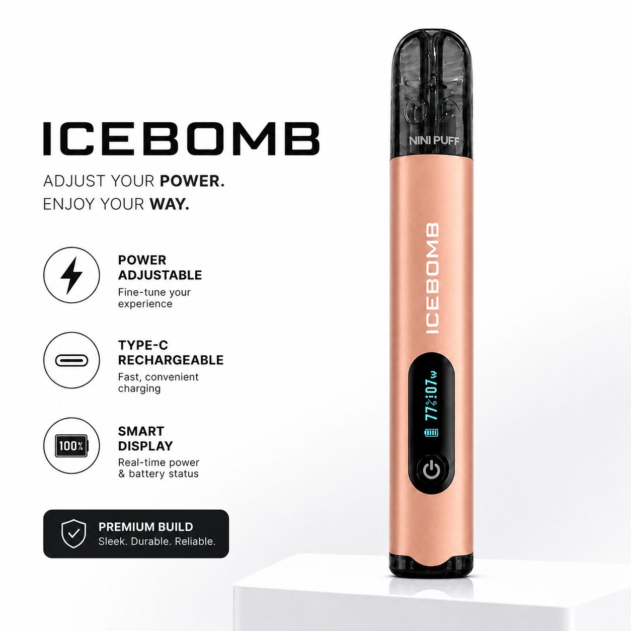 ICE BOMB Pod Vape Kit – Variable 6-10W Device + ICEBOOM Mini Puff Pods (2.5mL, 27 Flavors) - Image 9