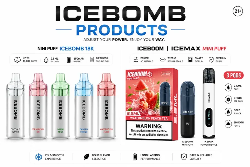 IceBomb disposable vapes at Zovapo: IceBomb 18K Nini Puff and the ICEBOOM / ICEMAX pod kit