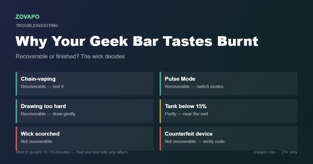 Why a Geek Bar tastes burnt: chain-vaping, Pulse Mode, drawing too hard, low tank, scorched wick and counterfeit devices