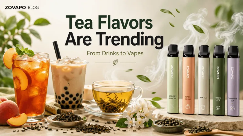 Tea-flavored vapes lined up beside iced peach tea, boba milk tea and green tea - jasmine green tea, peach oolong, milk tea, matcha latte and chamomile tea flavors