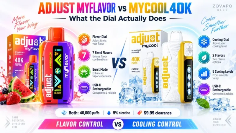 Adjust MyFlavor 40K and Adjust MyCool 40K compared: a flavor dial with 7 blend combinations and Burst Mode versus a cooling dial with 5 levels, both 40,000 puffs and 5% nicotine