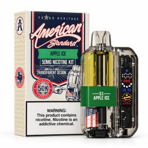 American Standard 50K Disposable Kit in Apple Ice shown beside its Texas Heritage retail box, transparent 50,000-puff pod device at 5% nicotine