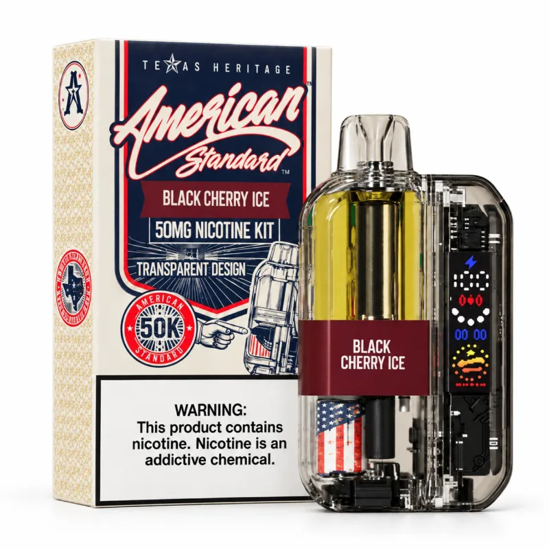 American Standard 50K Disposable Kit in Black Cherry Ice shown beside its Texas Heritage retail box, transparent 50,000-puff pod device at 5% nicotine