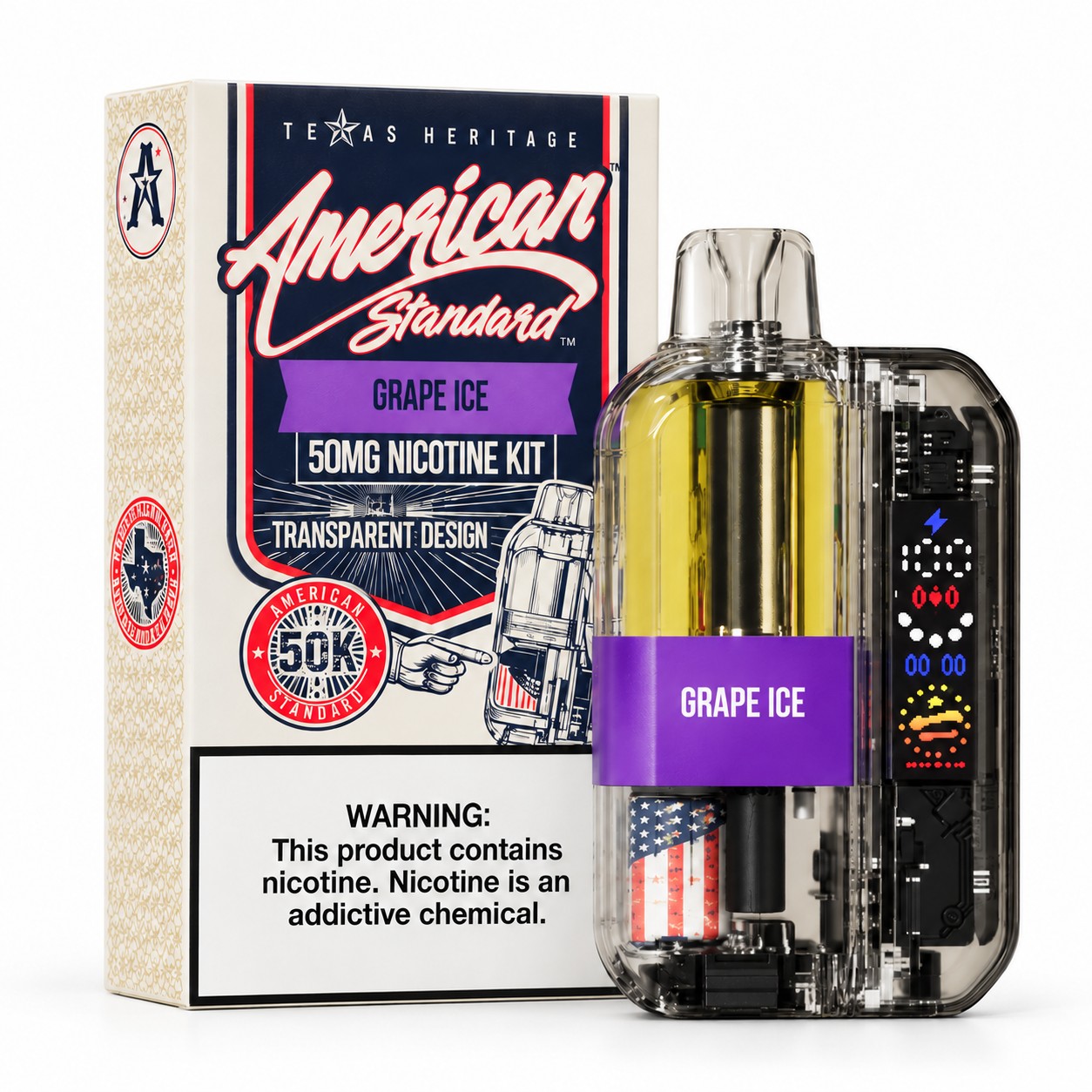 American Standard 50K Kit in Grape Ice, the transparent pod-and-battery version with a published 23mL capacity