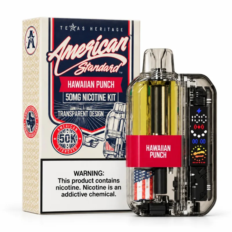 American Standard 50K Disposable Kit in Hawaiian Punch shown beside its Texas Heritage retail box, transparent 50,000-puff pod device at 5% nicotine