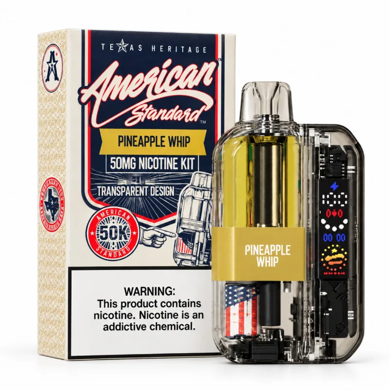 American Standard 50K Disposable Kit in Pineapple Whip shown beside its Texas Heritage retail box, transparent 50,000-puff pod device at 5% nicotine
