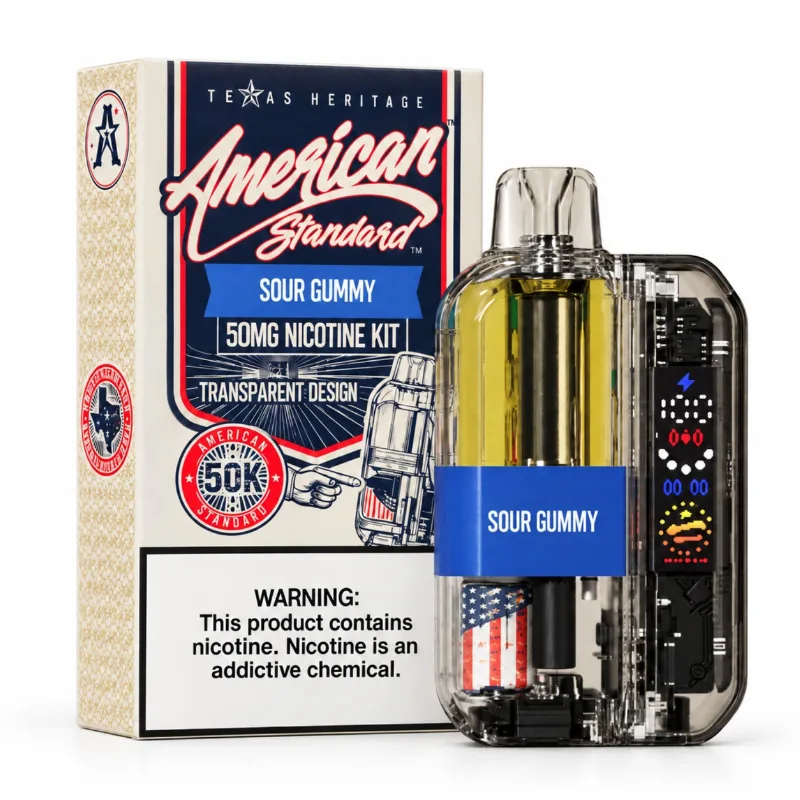 American Standard 50K Disposable Kit in Sour Candy shown beside its Texas Heritage retail box, transparent 50,000-puff pod device at 5% nicotine
