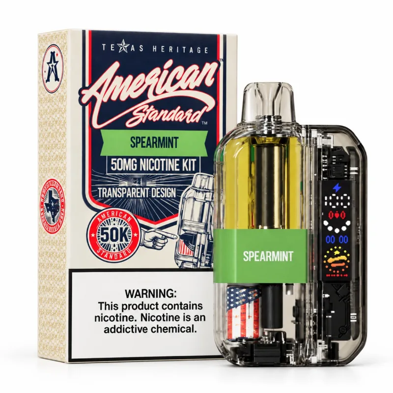 American Standard 50K Disposable Kit in Spearmint shown beside its Texas Heritage retail box, transparent 50,000-puff pod device at 5% nicotine