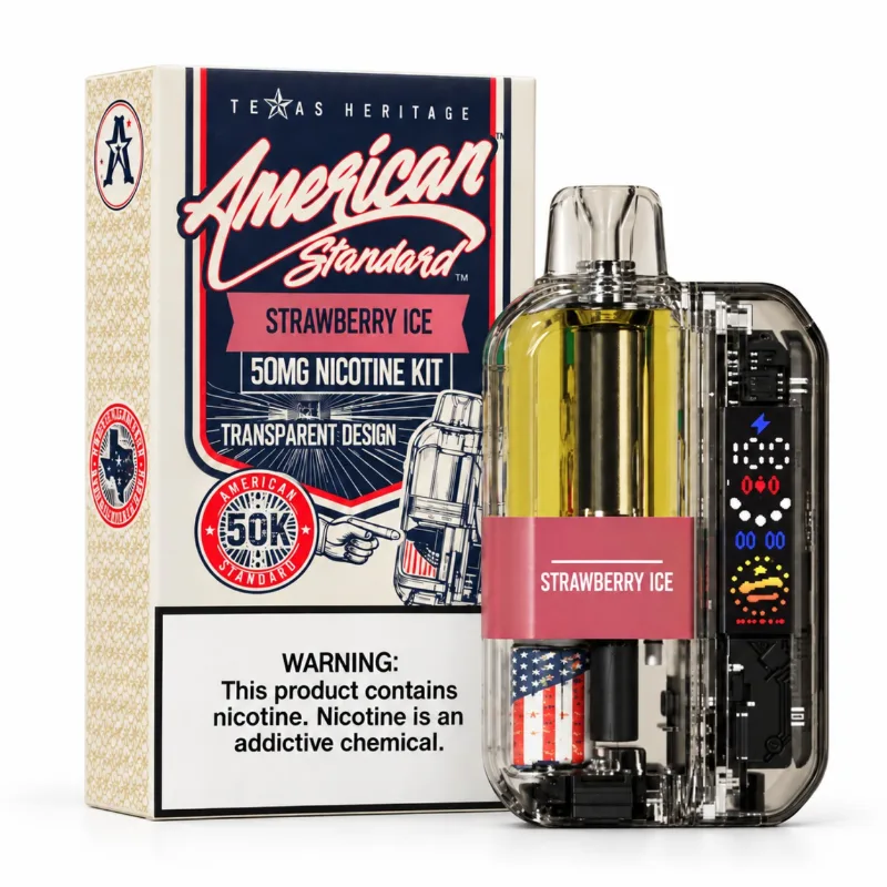 American Standard 50K Disposable Kit in Strawberry Icee shown beside its Texas Heritage retail box, transparent 50,000-puff pod device at 5% nicotine