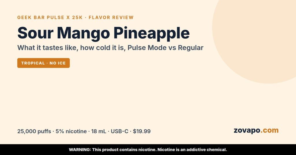 Geek Bar Pulse X 25K Sour Mango Pineapple flavor review: what it tastes like, how cold it is, Pulse Mode vs Regular Mode