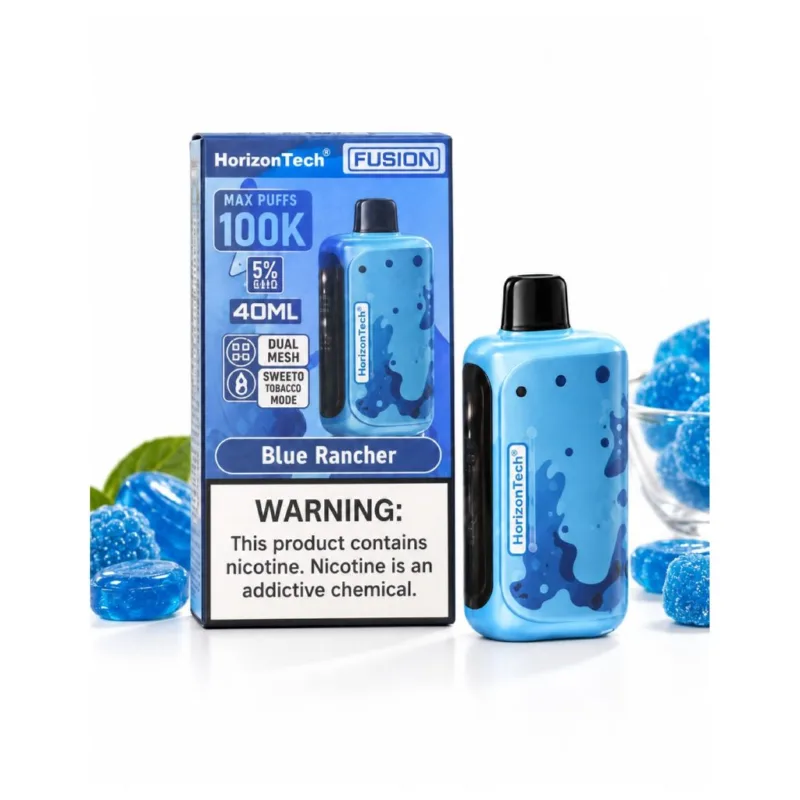 HorizonTech 100K disposable vape in Blue Rancher shown beside its retail box, 100,000 puffs and 40mL at 5% nicotine