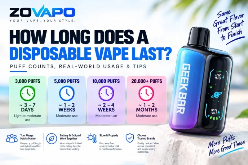 How long a disposable vape lasts by puff count at moderate use: 3,000 puffs about 3 to 7 days, 5,000 puffs 1 to 2 weeks, 10,000 puffs 2 to 4 weeks, and 20,000 or more puffs 1 to 2 months