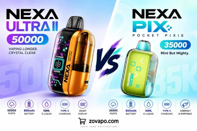 Nexa Ultra II 50K and Nexa PIX 35K side by side: 50,000 vs 35,000 puffs, 850mAh vs 800mAh battery, 18mL vs 16mL e-liquid, both USB-C rechargeable