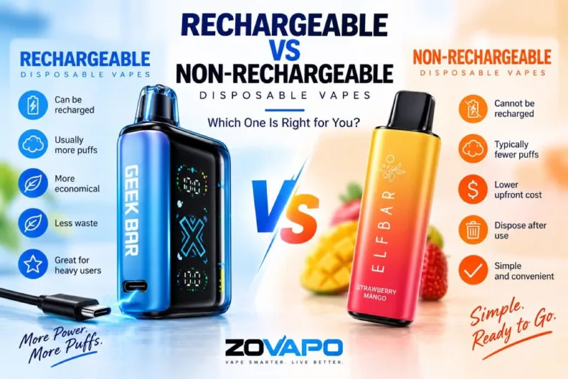 Rechargeable versus non-rechargeable disposable vapes compared: rechargeable devices give more puffs, cost less per puff and waste less, while non-rechargeable ones have a lower upfront cost and are simpler to use