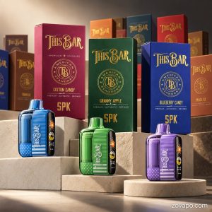 This Bar by American Standard 50K disposable vape in blue, green and purple shown with Cotton Candy, Granny Apple and Blueberry Candy retail boxes, 50,000 puffs at 5% nicotine
