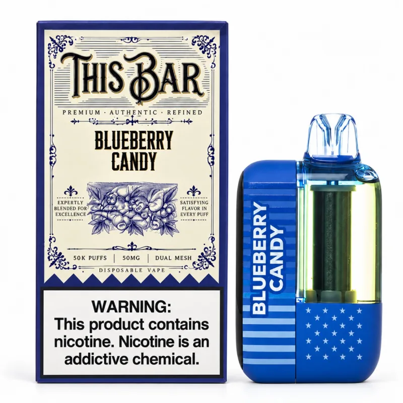 This Bar by American Standard 50K disposable vape in Blueberry Candy shown beside its This Bar retail box, 50,000 puffs at 5% nicotine