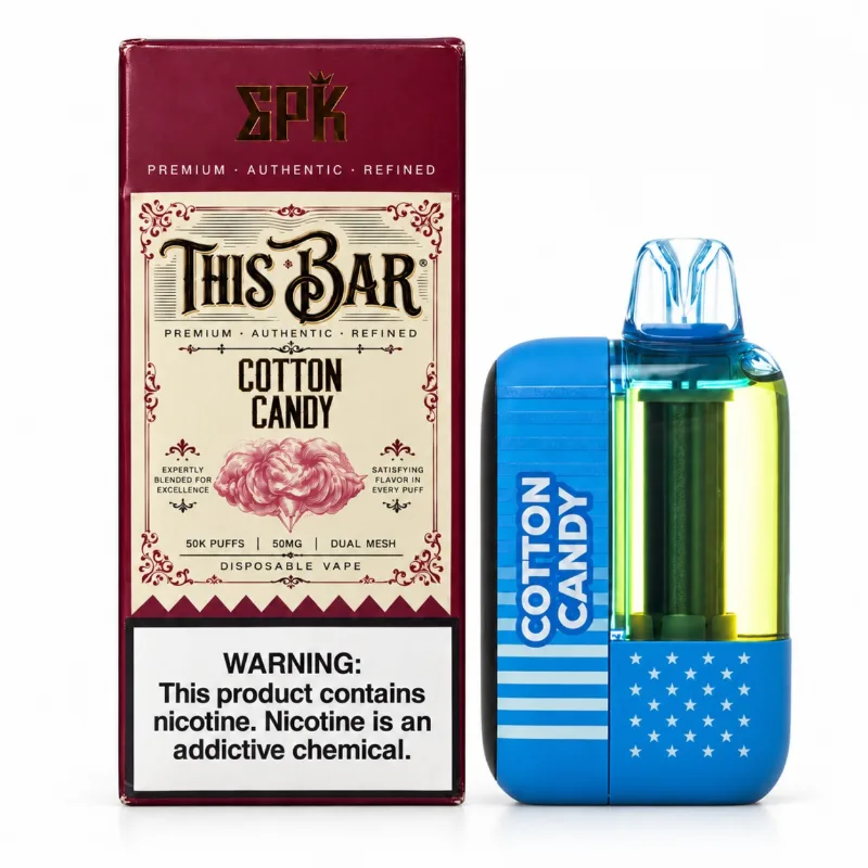 This Bar by American Standard 50K disposable vape in Cotton Candy shown beside its This Bar retail box, 50,000 puffs at 5% nicotine