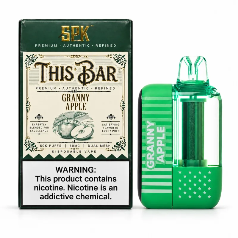 This Bar by American Standard 50K disposable vape in Granny Apple shown beside its This Bar retail box, 50,000 puffs at 5% nicotine