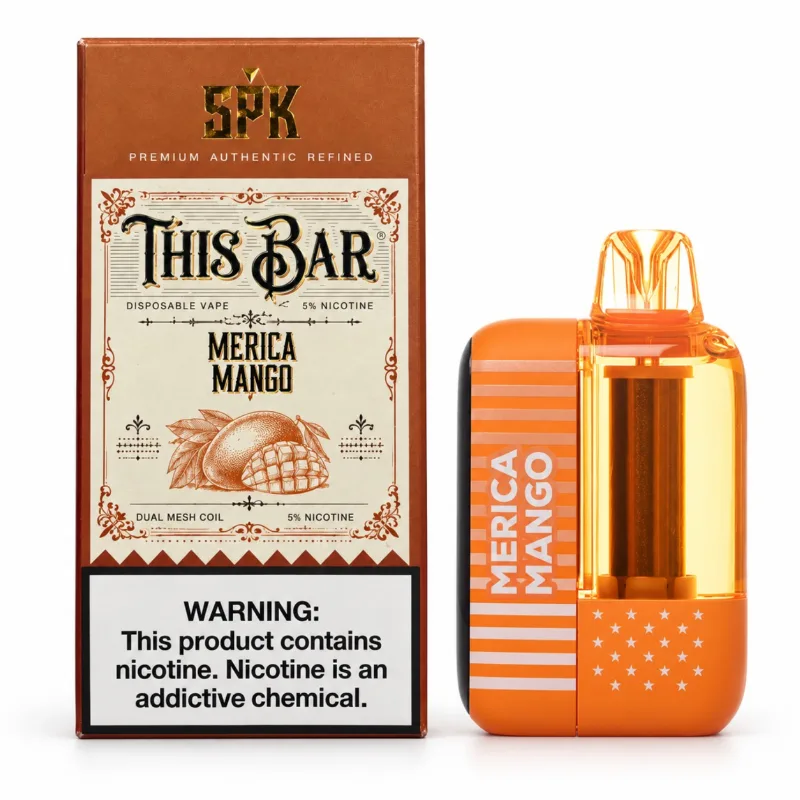 This Bar by American Standard 50K disposable vape in Merica Mango shown beside its This Bar retail box, 50,000 puffs at 5% nicotine
