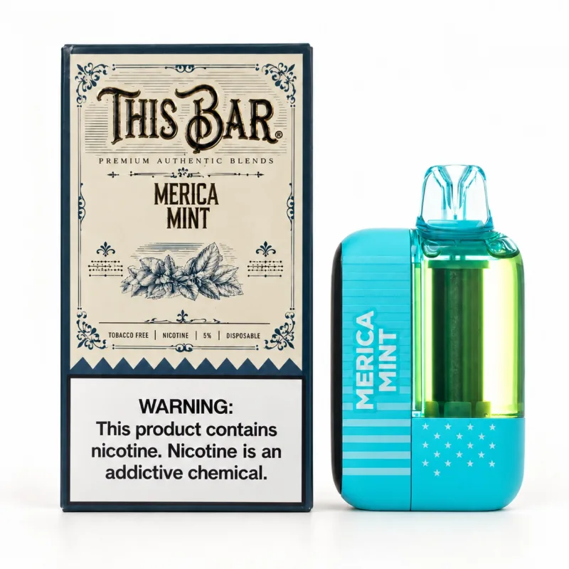 This Bar by American Standard 50K disposable vape in Merica Mint shown beside its This Bar retail box, 50,000 puffs at 5% nicotine