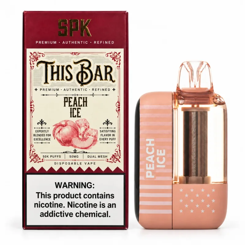 This Bar by American Standard 50K disposable vape in Peach Ice shown beside its This Bar retail box, 50,000 puffs at 5% nicotine