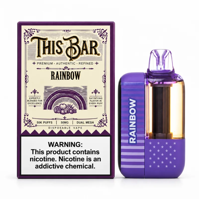 This Bar by American Standard 50K disposable vape in Rainbow shown beside its This Bar retail box, 50,000 puffs at 5% nicotine