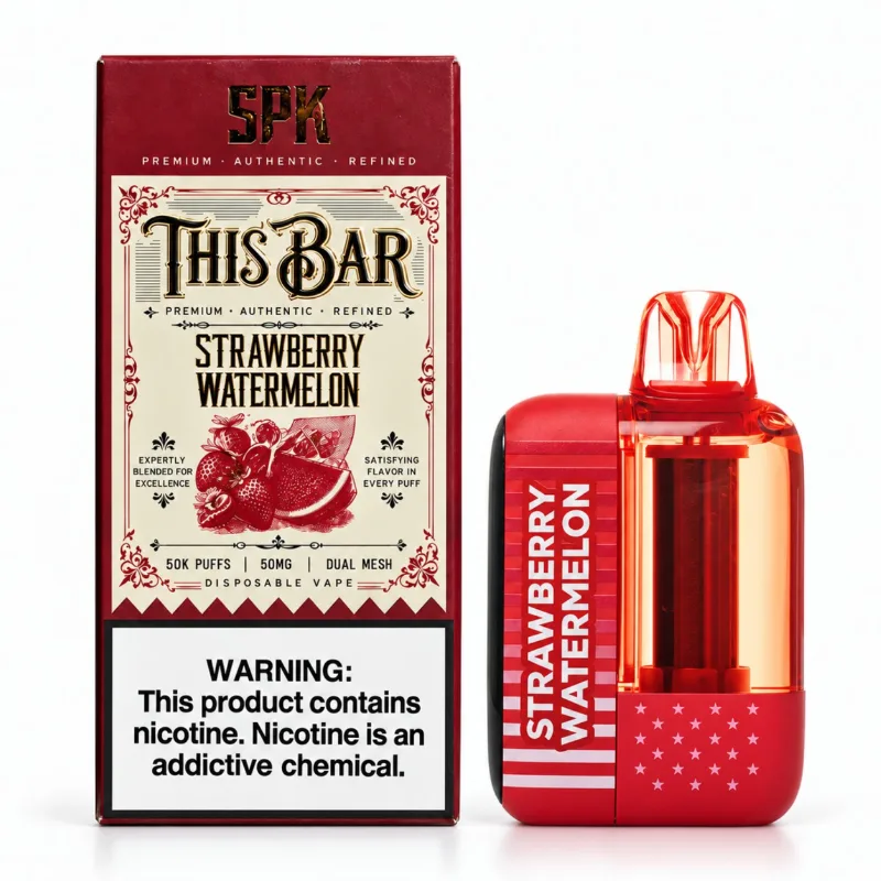 This Bar by American Standard 50K disposable vape in Strawberry Watermelon shown beside its This Bar retail box, 50,000 puffs at 5% nicotine