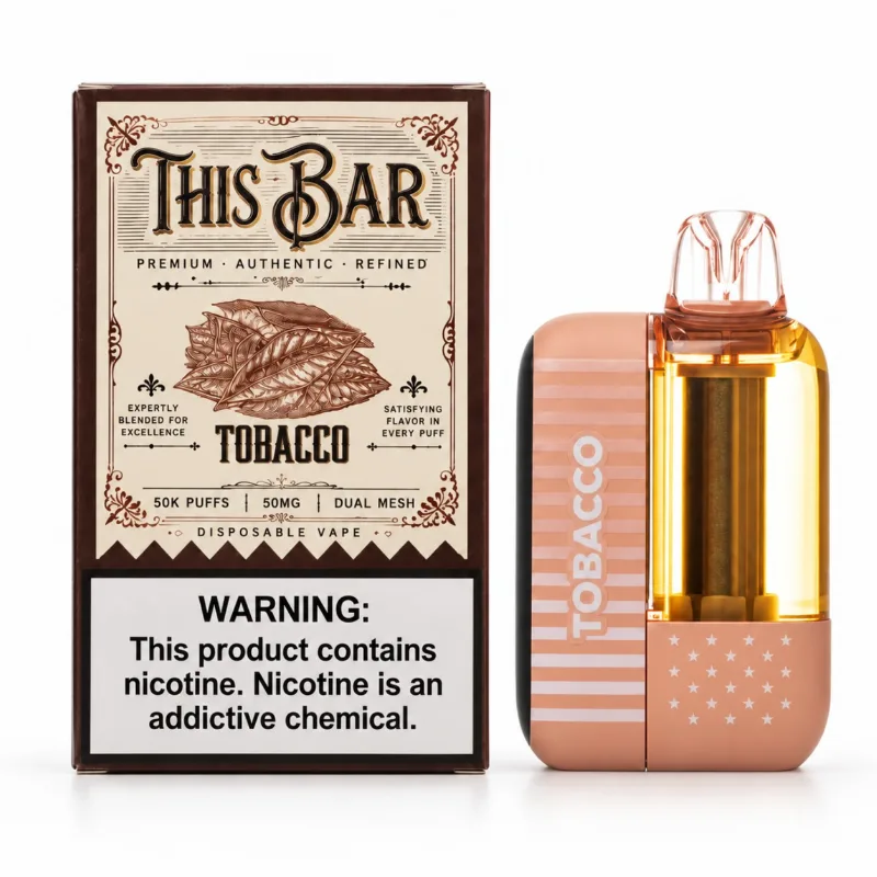 This Bar by American Standard 50K disposable vape in Tobacco shown beside its This Bar retail box, 50,000 puffs at 5% nicotine