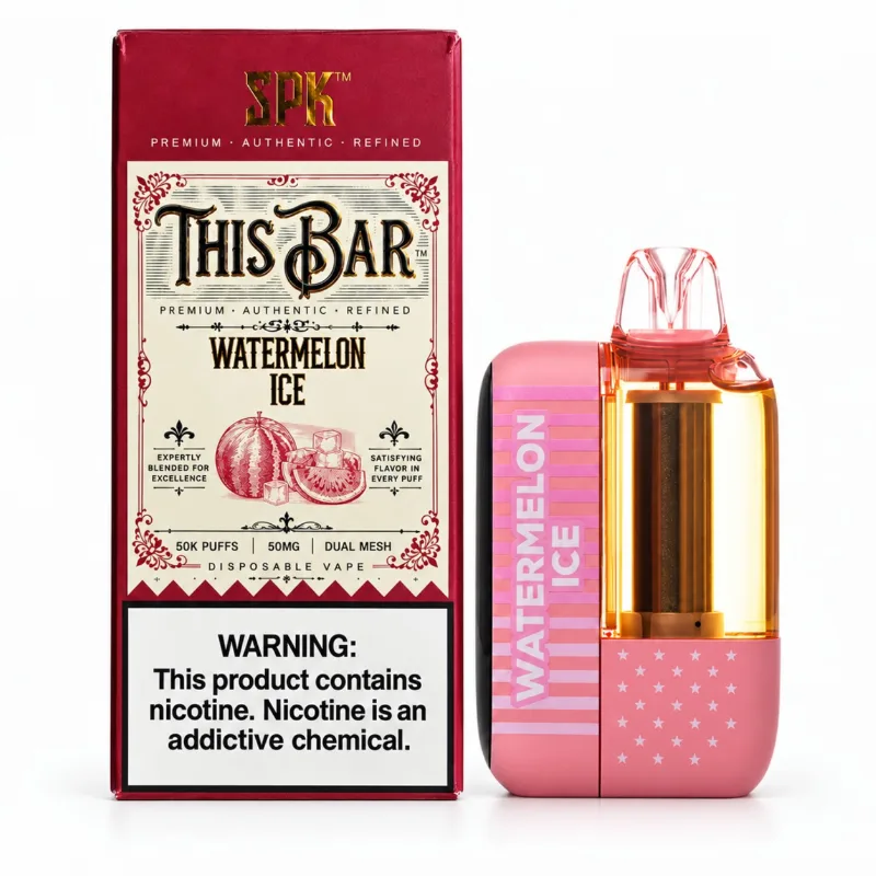 This Bar by American Standard 50K disposable vape in Watermelon Ice shown beside its This Bar retail box, 50,000 puffs at 5% nicotine